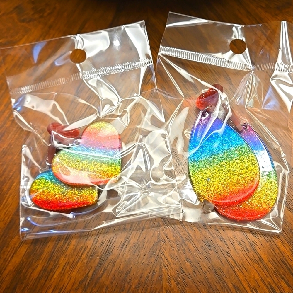 Rainbow Glitter Drop Earrings - Colorful Heart & Teardrop Set
